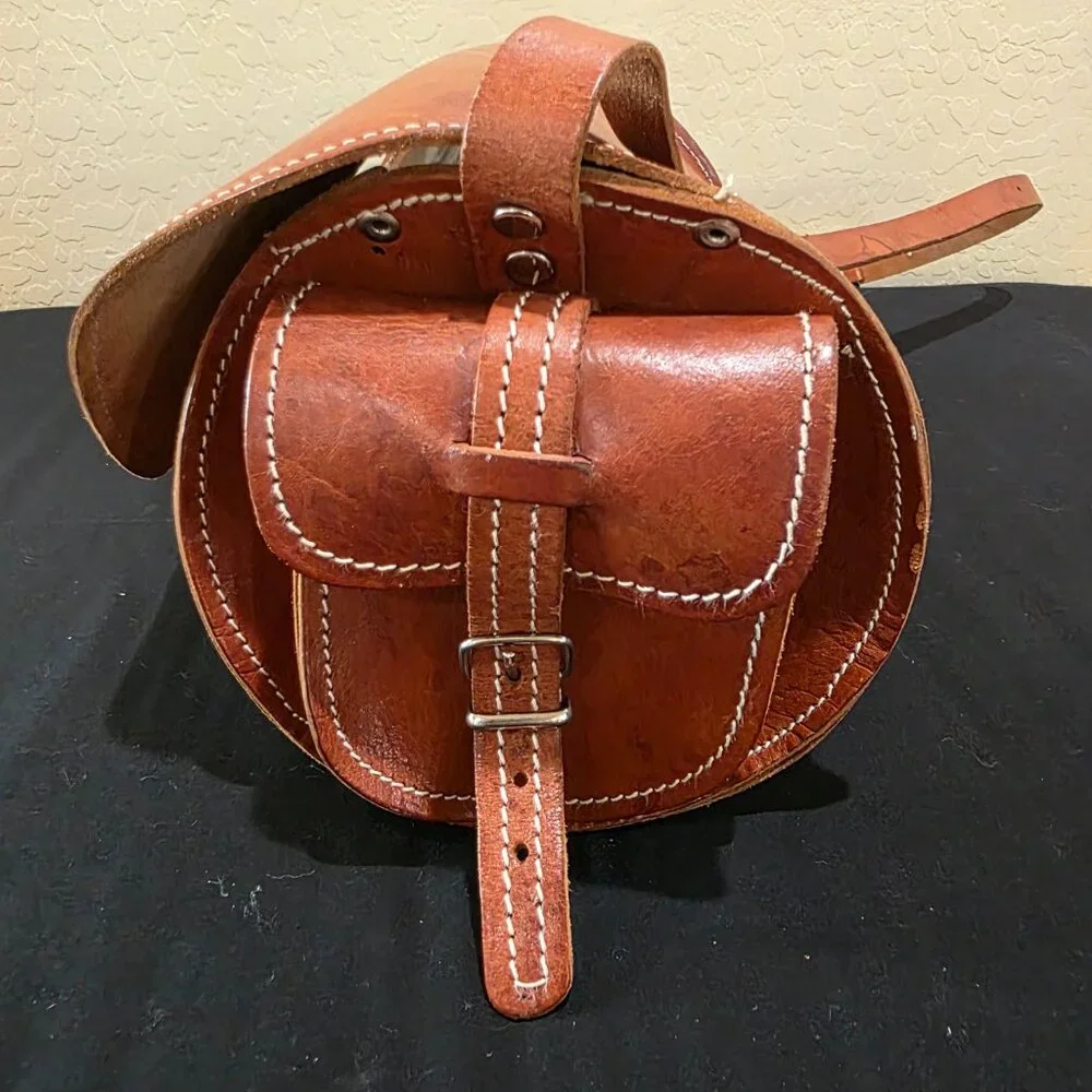 Vintage Handmade Hazelnut Brown Genuine Leather Barrel Purse Crossbody Bag